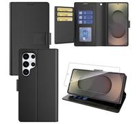 Pollachi Funda Magnética Compatible con Samsung Galaxy S25 Ultra 5G,Funda Cartera de Piel con 9 Tarjeteros y Soporte,Carcasa Cubierta Protectora Cuero Antigolpes con Protector Vidrio Templado,Negro