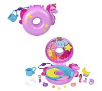 Polly Pocke Flotador de unicornio Estuche Conjunto de juego y muñecas, incluye juegos acuáticos, 12 accesorios y 2 piezas con cambio de color, HKV34