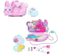 Polly Pocket Compacto portátil 2 en 1 Bunny Fun | Set de bolso con 2 mini muñecas y 12 accesorios incluidos, mascotas, portátil, tema unicornio conejo, JFT88