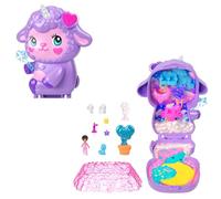 Polly Pocket Corderito de ensueño Estuche Conjunto de juego y muñecos, juguete de viaje con una muñequita, un unicornio a modo de mascota, comida y accesorios de moda, JCB15