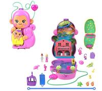 Polly Pocket Estuche 2 en 1 Mamá Mono y Bebé para llevar | Set bolso, 17 accesorios con 2 micromuñecas y animales, temática aventura, juguete portátil de viaje, HWP04
