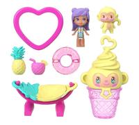 Polly Pocket Estuche Mono de piña, Conjunto de Juego con muñeca, Juguete de Viaje con minimuñeca, una Mascota, una Hamaca y Accesorios temáticos de Frutas, JKC49