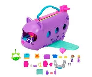 Polly Pocket Kitty Airways Avión Set de Juego | Juguete de viaje portátil con 2 micro muñecas, mascota, escenario giratorio y accesorios