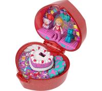 Polly Pocket Mattel Estuche con forma de caja para anillos del 80. aniversario, joyero con muñeca, mascota globo y anillo que se puede poner, con temática de celebración, JGK21
