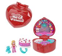 Polly Pocket Mattel Estuche con forma de caja para anillos del 80. aniversario, joyero con muñeca, mascota globo y anillo que se puede poner, con temática de celebración, JGK21