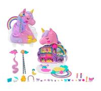Polly Pocket Salón de belleza Unicornio arcoíris Conjunto de juego y busto para peinar, minijuguetes, 2 muñequitas, más de 20 accesorios y funciones con movimiento, HYD97