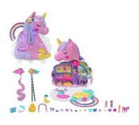 Polly Pocket Salón de Belleza Unicornio arcoíris Conjunto de Juego y Busto para peinar, minijuguetes, 2 muñequitas, más de 20 Accesorios y Funciones con Movimiento, HMX18