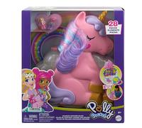 Polly Pocket Salón de belleza Unicornio arcoíris Conjunto de juego y busto para peinar, minijuguetes, 2 muñequitas, más de 20 accesorios y funciones con movimiento, HYD97