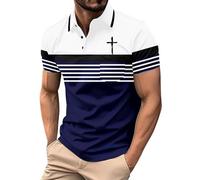 Polo a rayas con estampado cruzado para hombre, manga corta, con botones, camiseta de Jesús cristiano con bolsillo, camisetas gráficas, Polo azul oscuro para hombre, L