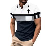 Polo a rayas para hombre, religioso, cristiano, Jesús, cruz, con bolsillo, manga corta, botones, camisetas gráficas, Polo azul marino para hombre, M