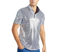 Polo brillante para hombre, manga corta, con botones, para discoteca, lentejuelas, para graduación, fiesta de discoteca, discoteca, fiesta, Camisas polo plateadas para hombre, 3XL
