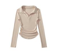 Polo Camiseta de Manga Larga para Mujer Primavera y otoño Camisa de Fondo Corto Blanca Plisada Slim Fit Top-Albaricoque-M