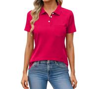 Polo casual para mujer, manga corta, cuello en V, botones y bolsillo, hot pink, L