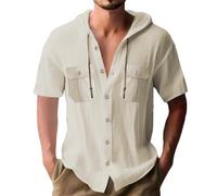 Polo de algodón para hombre, de manga corta, con botones, con cordón, elegante, casual, hawaiano, con capucha, para gimnasio, ocio, uso diario, verano, aspecto ligero, caqui, L