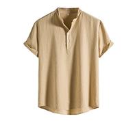 Polo de algodón y lino para hombre, ligero de manga corta, ajuste regular, cuello invertido, camisas casuales de verano Henley, polo transpirable y cómodo, color liso., Caqui., L