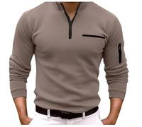 Polo de hombre con cremallera cuartos para el trabajo, uso diario, manga larga, a la moda, cómodo, liso, con bolsillo, ajuste normal, marrón, L