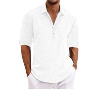 Polo de lino con mangas de codo para hombre, con 4 botones, cuello de solapa, casual, de negocios, ajuste holgado, para entrenamiento, blanco, XL