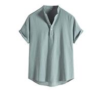 Polo de lino y algodón para hombre, ligero, de manga corta, ajuste regular, cuello vuelto, con botones, informal, para verano, playa, estilo Henley, transpirable, cómodo, color liso., verde, XL