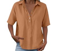 Polo de lino y algodón para mujer, camiseta casual de verano de manga corta con tela ligera, diseño frontal con botones para uso diario y vacaciones versátil, 1C-oro, M