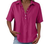 Polo de manga corta con cuello en V para mujer, estilo retro, con botones, ajuste holgado, para verano, uso diario, vacaciones, fin de semana, hot pink, M