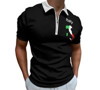 Polo De Manga Corta Para Hombre, Camiseta De Bandera Del Mapa Italiano, Transpirable De Secado Rápido Con Cremallera, Color Sólido Elegante Camisas De Bolos Para Verano Deportivo Cómodo Informal,Negro