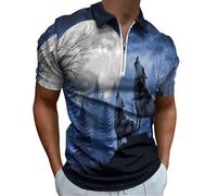 Polo De Manga Corta para Hombre, con Lobo Salvaje Bosque, Verano Casual Vestir Elásticos Informales Patrióticos Cielo Retro Iluminado por La Luna, Raglán, Polos De Golf para Hombre, Azul