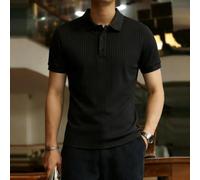 Polo de manga corta para hombre, de punto acanalado, con botones, solapa, casual, de negocios, color sólido, para vacaciones, oficina y uso de fin de semana (2XL, negro)