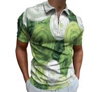 Polo De Manga Corta para Hombre, Informal Camisetas De Verano con Estampado Pintura Óleo Circular Abstracta, Verde Tallas Grandes, Cuello con Cremallera, Camiseta De Geométrica Retro para Negocios