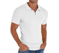 Polo de manga corta para hombre PrinStory con cremallera, polo para golf, casual, elástico, Slim Fit, camiseta, Blanco, M