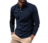 Polo de manga larga con botones para hombre, ajuste regular, para primavera y otoño, casual, color liso, para trabajo, negocios, vacaciones, caminatas al aire libre, azul marino, XXL