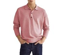 Polo de manga larga con cuello en V y botones de solapa para hombre, ajuste regular, suelto, clásico, color sólido, Rosado, Medium