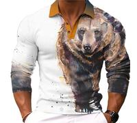 Polo de Manga Larga para Hombre 3D Animal Oso Impreso Medio Botón Sudadera Vintage Soprt Polo Pullover Top