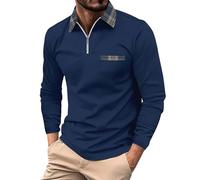 Polo de manga larga para hombre, a cuadros, con cremallera de un cuarto y bolsillos, camisa de golf de moda, ajuste entallado, Polo de manga larga azul marino para hombre, M