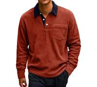 Polo de manga larga para hombre, camisa de pana vintage, camisa informal con bolsillo en el pecho, otoño e invierno, camisa clásica informal, camisa cómoda para hombre, rojo ladrillo, S