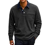Polo de manga larga para hombre, camisa de pana vintage, camisa informal con bolsillo en el pecho, otoño e invierno, camisa clásica informal, camisa cómoda para hombre, Negro , XXL