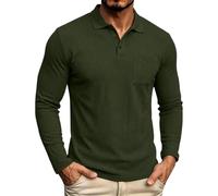Polo de manga larga para hombre con bolsillo en el pecho, informal, de punto acanalado, Verde tirando a negro, XL