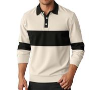 Polo de manga larga para hombre con diseño de rayas de bloques, camiseta informal con aspecto de gofre, camisa moderna para el tiempo libre con cuello de polo, Style_J04 Khaki, XL