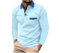 Polo de manga larga para hombre, patrón de bloques de color, diseño ajustado, bolsillo en el pecho, estilo amigable con el golf, camiseta casual para deportes y uso diario, 1a-azul cielo, M