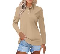 Polo de mujer de algodón con solapa de manga larga, top suelto transpirable camiseta color sólido camisa lino verano Top Camisas casuales blusa Slim Fit Top Sport túnica moda cómoda Tops, beige, XL