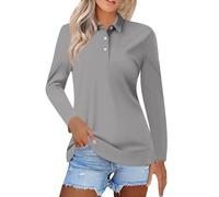 Polo de mujer de algodón con solapa de manga larga, top suelto transpirable camiseta color sólido camisa lino verano Top Camisas casuales blusa Slim Fit Top Sport túnica moda cómoda Tops, Dark Gray, S