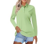 Polo de mujer de algodón con solapa de manga larga, top suelto transpirable camiseta color sólido camisa lino verano Top Camisas casuales blusa Slim Fit Top Sport túnica moda cómoda Tops, Mint Green