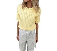 Polo de punto con cuello Peter Pan para mujer, manga corta con detalles de ojales verticales acanalados, solapa de botón parcial, estilo preppy para uso diario, escuela, salidas casuales, amarillo, XL