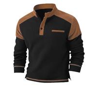 Polo de punto gofre con cremallera de un cuarto para hombre, panel de pana en contraste del Reino Unido, manga larga, suéter térmico, informal, cálido, acogedor, con bolsillo en el pecho, Negro, 3XL