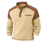 Polo de punto gofre con cremallera de un cuarto para hombre, panel de pana en contraste del Reino Unido, manga larga, suéter térmico, informal, cálido, acogedor, con bolsillo en el pecho, caqui, 3XL