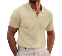 Polo gofrado de manga corta para hombre, color liso, camiseta de manga corta sin botones, cuello en V, fácil de llevar, para verano, versátil, informal, ligero, delgado, transpirable, caqui, XL