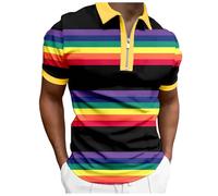 Polo Hombre Cremallera Rayas Arco Iris Manga Corta Camiseta Top Casual Colores Vivos Moda para Diario Ocio, A-le negro, L