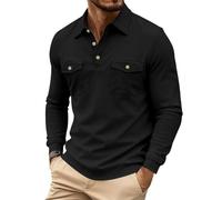 Polo Hombre Manga Larga Color Sólido con Botones y Bolsillos Suéter Hombre Casual con Cuello Reverso Polos Cómodo Suéteres Gran Tamaño Suéteres De Moda Para Deporte Al Aire Libre, Negro , 3XL
