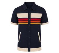 Polo OXKnit para hombre de manga corta con bolsillos, cárdigan de punto, arco iris, rayas marinas, de punto fino, camisa de verano para el tiempo libre, azul oscuro, M