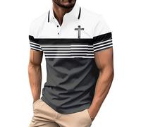 Polo para hombre, a rayas, religioso, cristiano, Jesús, cruz, con bolsillo, manga corta, botones, camisetas gráficas, Polo gris oscuro para hombre, M