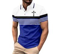 Polo para hombre, a rayas, religioso, cristiano, Jesús, cruz, con bolsillo, manga corta, botones, camisetas gráficas, Camisas polo azules para hombre, M